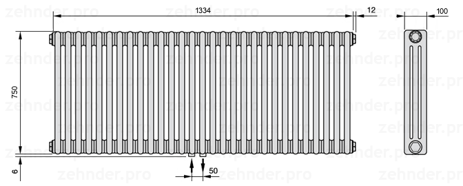 Схема (чертеж) Радиатор Zehnder Charleston 3075/29 №3470 Белый глянцевый RAL 9016